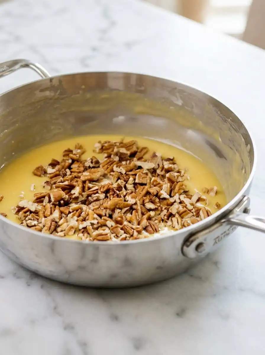 Classic German Chocolate Cake with Coconut Pecan Frosting 15 Whisking egg yolks and evaporated milk for Classic German Chocolate Cake with Coconut Pecan Frosting.