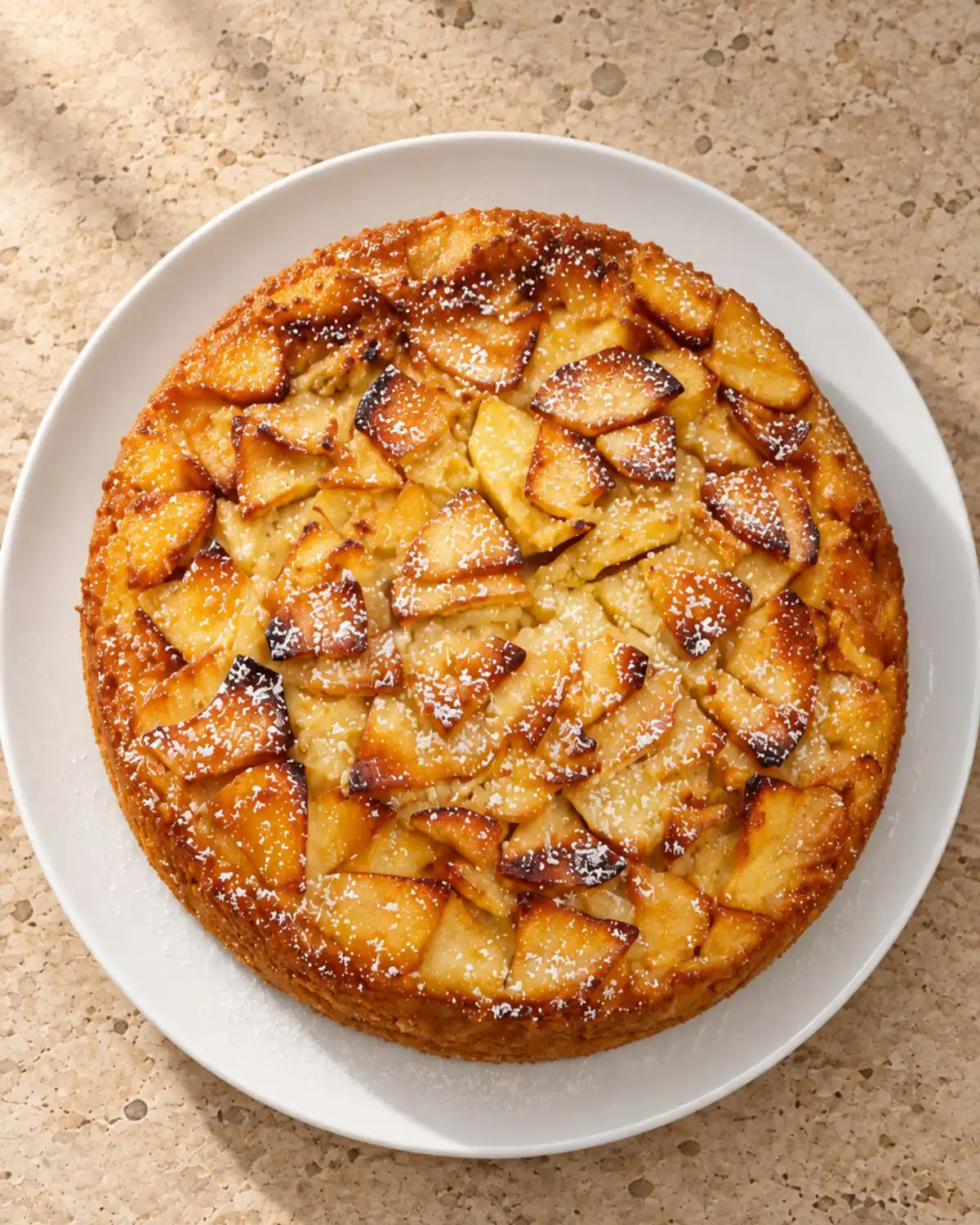 Cutting warm apple cake into neat wedges on a round platter ready for serving.