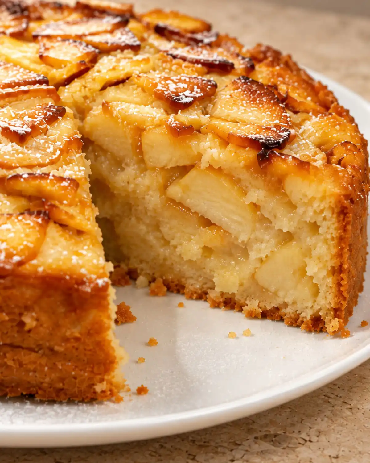 Lifting a golden slice of fresh fruit cake with a spatula showing tender layers.