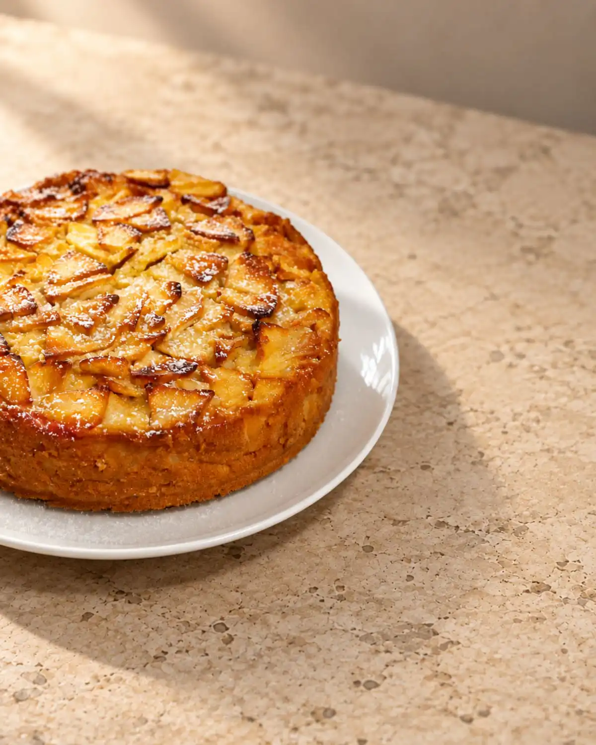 Plating a slice of apple cake topped with cold whipped cream on a plate.