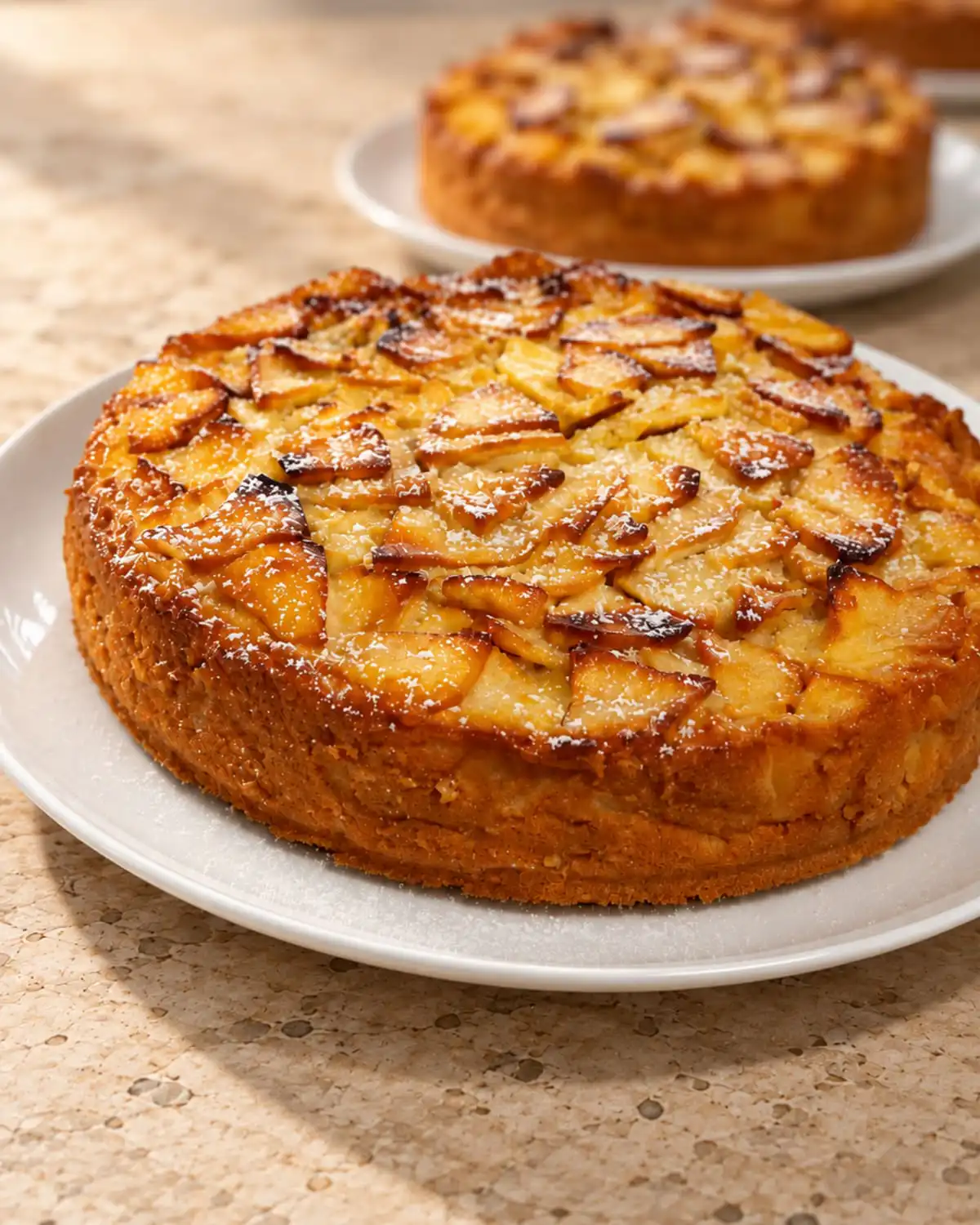 Arranging sliced apples and cake wedges together on a family dessert board.